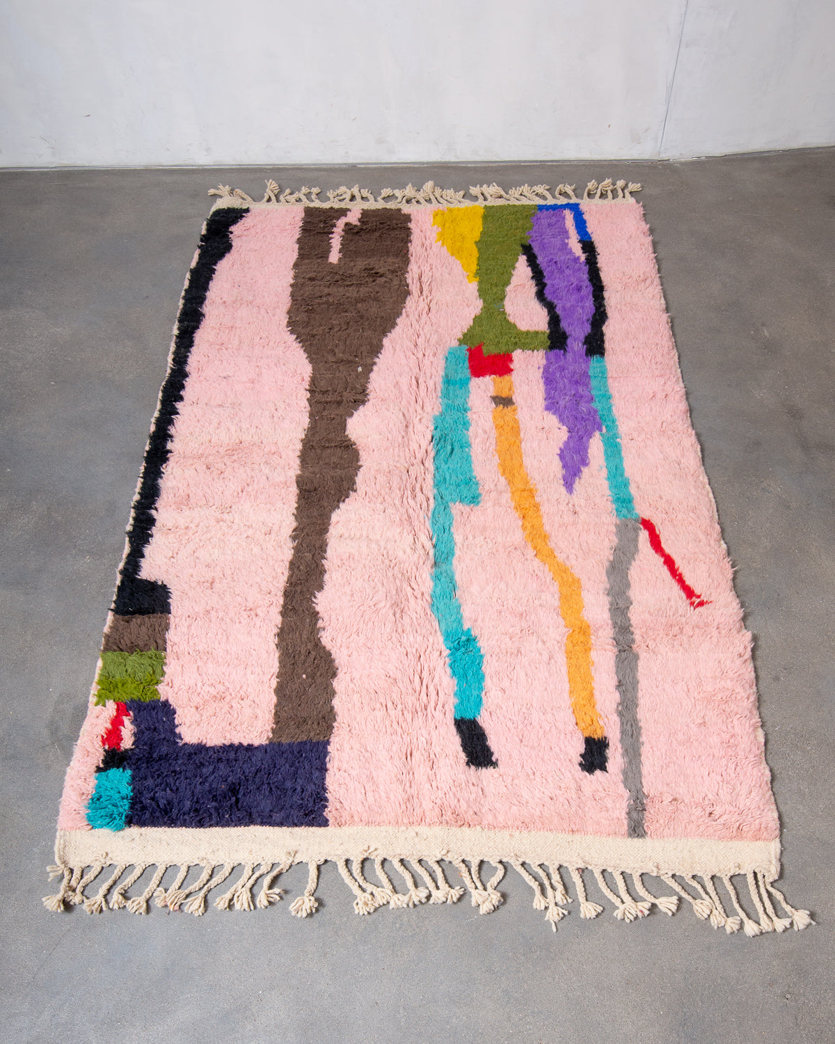 Modern, designer, handcrafted Berber rug from Morocco. Vintage carpet with beautiful colours and patterns and fluffy texture.